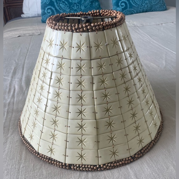 Rare Vintage Handmade Carved Bovine Bone Tile Lamp Shade Brown Wood Bead… - Picture 1 of 7